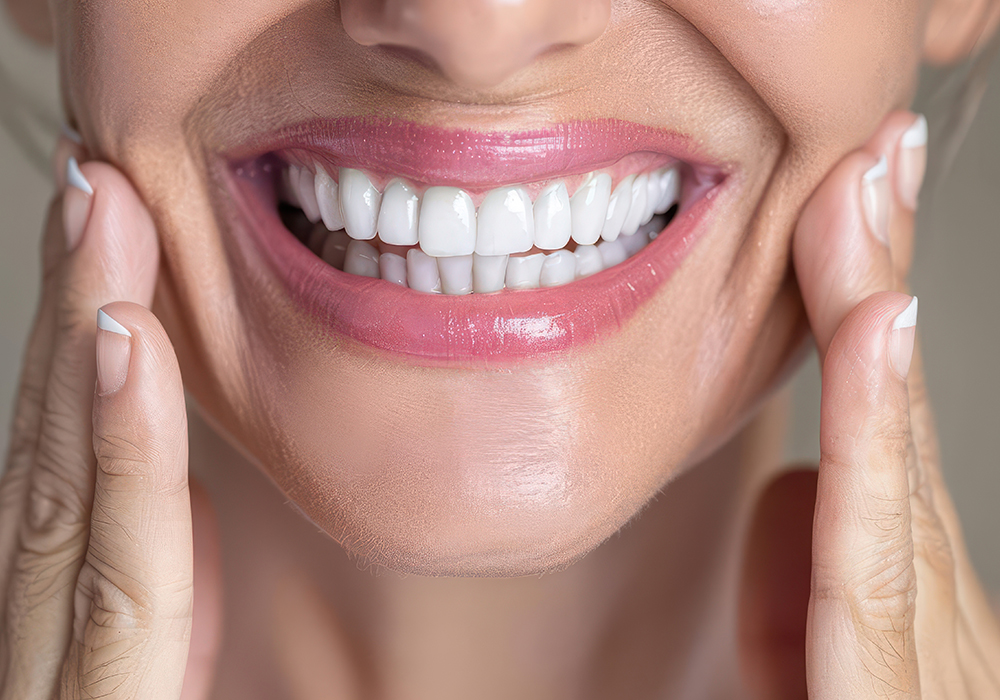 Close-up of a woman smiling with new dentures
