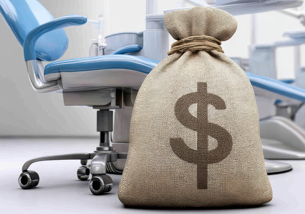 A back full of money siting next to dentist chairs.