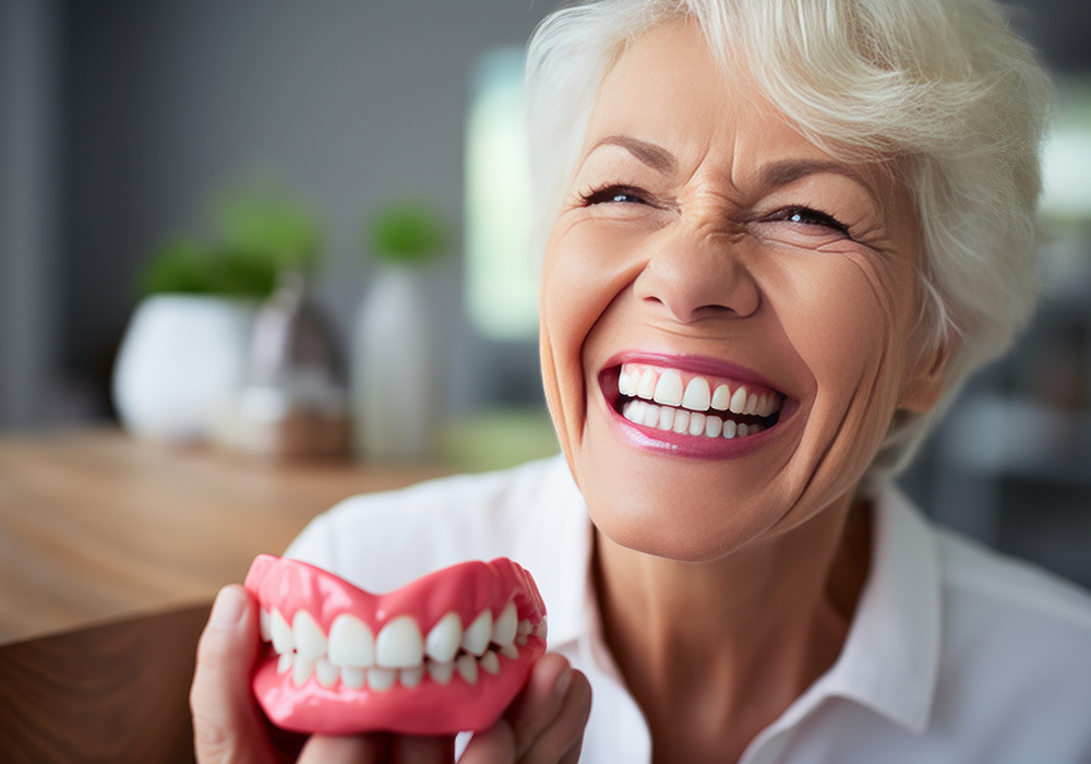 Elderly woman smiling in front of a 3-D model of false teeth.