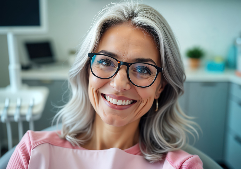 Woman smiling after denture fitting at dental office