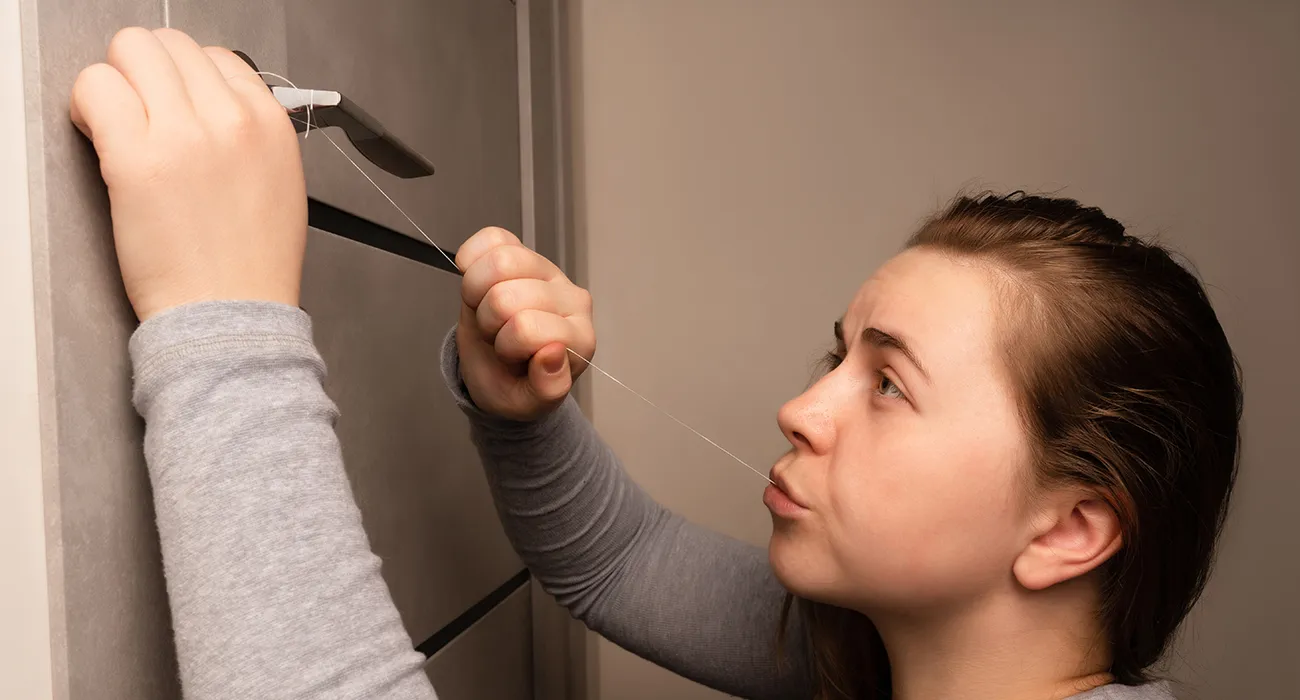 girl trying to pull tooth with string